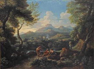 Jan Frans Van Bloemen - An Arcadian Landscape With Figures Conversing On A Rocky Path Near A Lake, An Italian Village Beyond