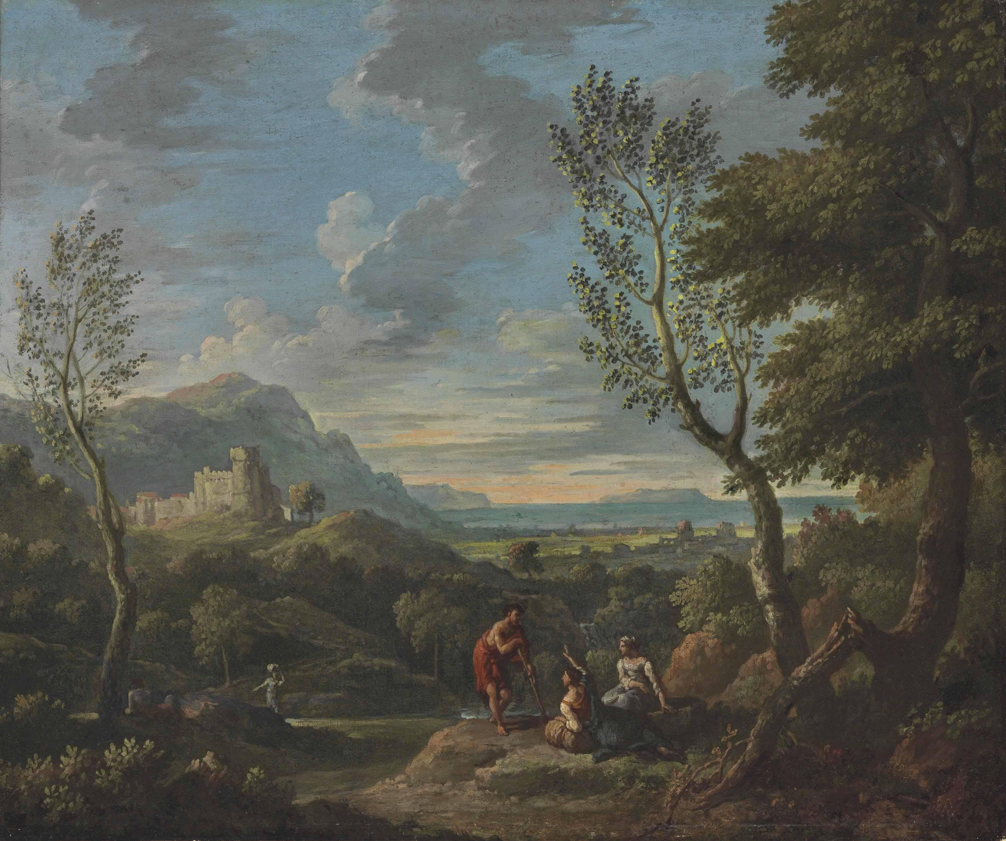 Jan Frans Van Bloemen - An extensive classical landscape with shepherds and shepherdesses, a fortified town beyond