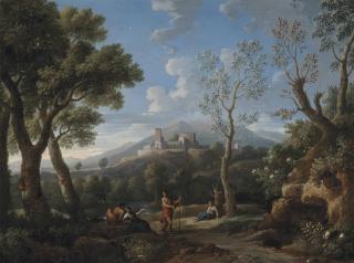 Jan Frans Van Bloemen - An Extensive Landscape With Classical Figures At Rest, A Hill-Top Town Beyond