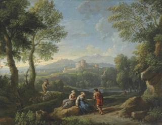 Jan Frans van Bloemen - An extensive wooded river landscape with travellers resting by a path and a shepherdess herding goats and sheep, a fortified town beyond