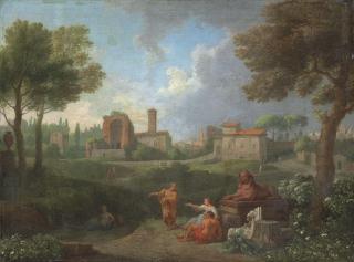 Jan Frans van Bloemen - An Italianate landscape with figures conversing by a Sphinx, a town beyond