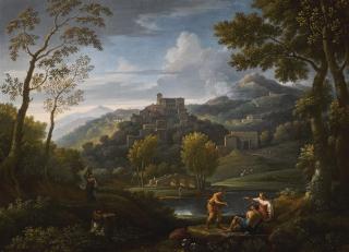 Jan Frans Van Bloemen - An Italianate Landscape With Figures In The Foreground, A Hilltop Town Beyond