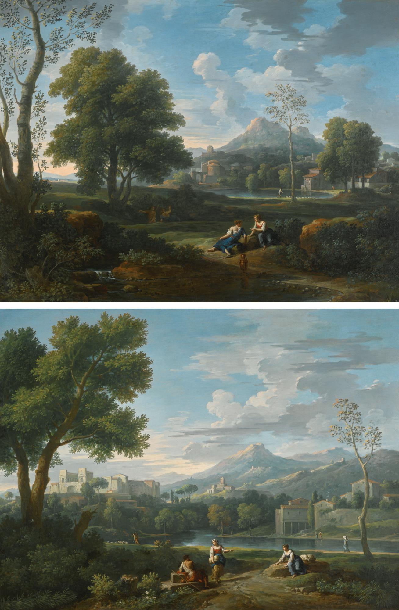 Jan Frans Van Bloemen - An Italianate Landscape With Two Women Conversing With A Shepherd, A Castle Beyond; And An Italianate Landscape With Women Conversing On A Path By A Brook, A Lake And Mountain Beyond