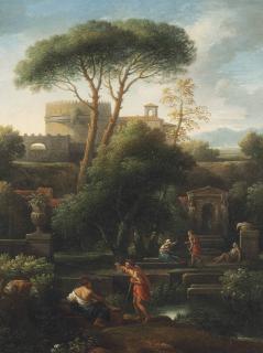 Jan Frans Van Bloemen - An Italianate landscape with washerwomen and other figures conversing by a stream, classical buildings including the tomb of Cecilia Metella beyond