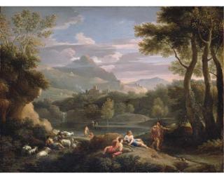 Jan Frans van Bloemen - An Italianate mountainous landscape with herdsmen resting by a path and a man and a woman by a river