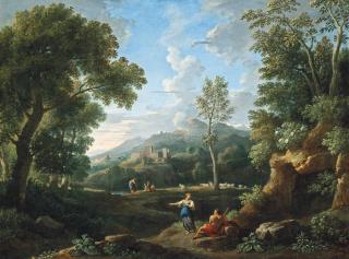 Jan Frans Van Bloemen - An Italianate river landscape, possibly a view of la Crescenza, Rome, with classical figures conversing