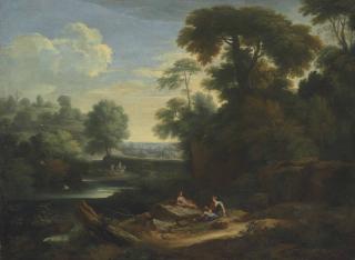 Jan Frans Van Bloemen - An Italianate Wooded Landscape With Arcadian Figures Resting Beside A Lake, The Pyramid Of Cestius Beyond
