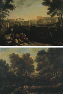 Jan Frans van Bloemen - Astanti in costume classico con il Colosseo e l\'Arco di Costantino; e Astanti ed armenti presso un abbeveratoio, in un paesaggio arcadico