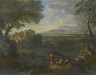 Jan Frans van Bloemen - Classical Landscape With A Distant View Of A Town And A Waterfall With Three Figures Conversing On A Path