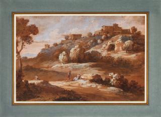 Jan Frans Van Bloemen - Italianate Landscape With Figures In The Foreground And A Hilltop Town In The Distance