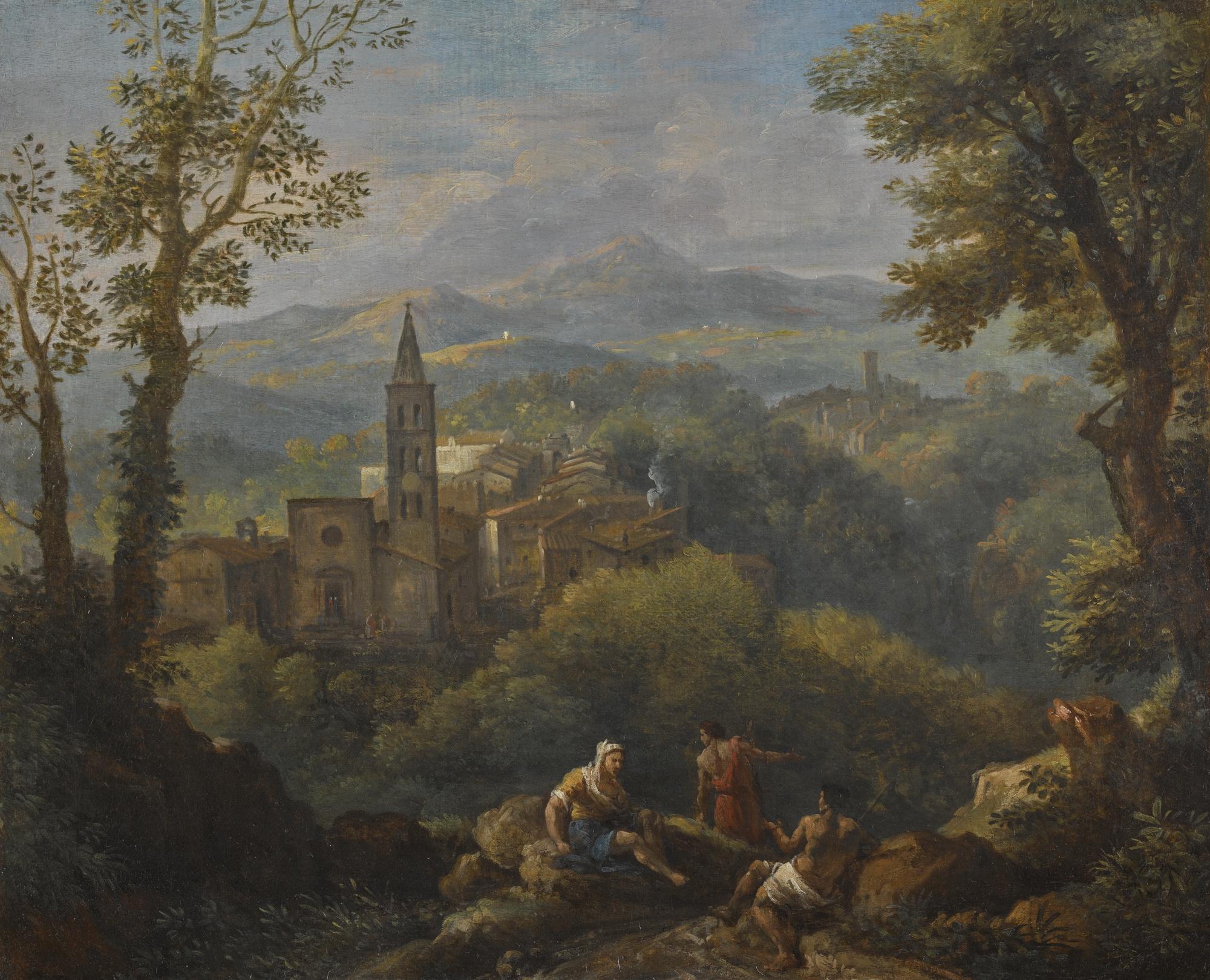 Jan Frans Van Bloemen - Italianate Landscape With Three Figures In The Foreground, Hilltop Villages And A Church Beyond