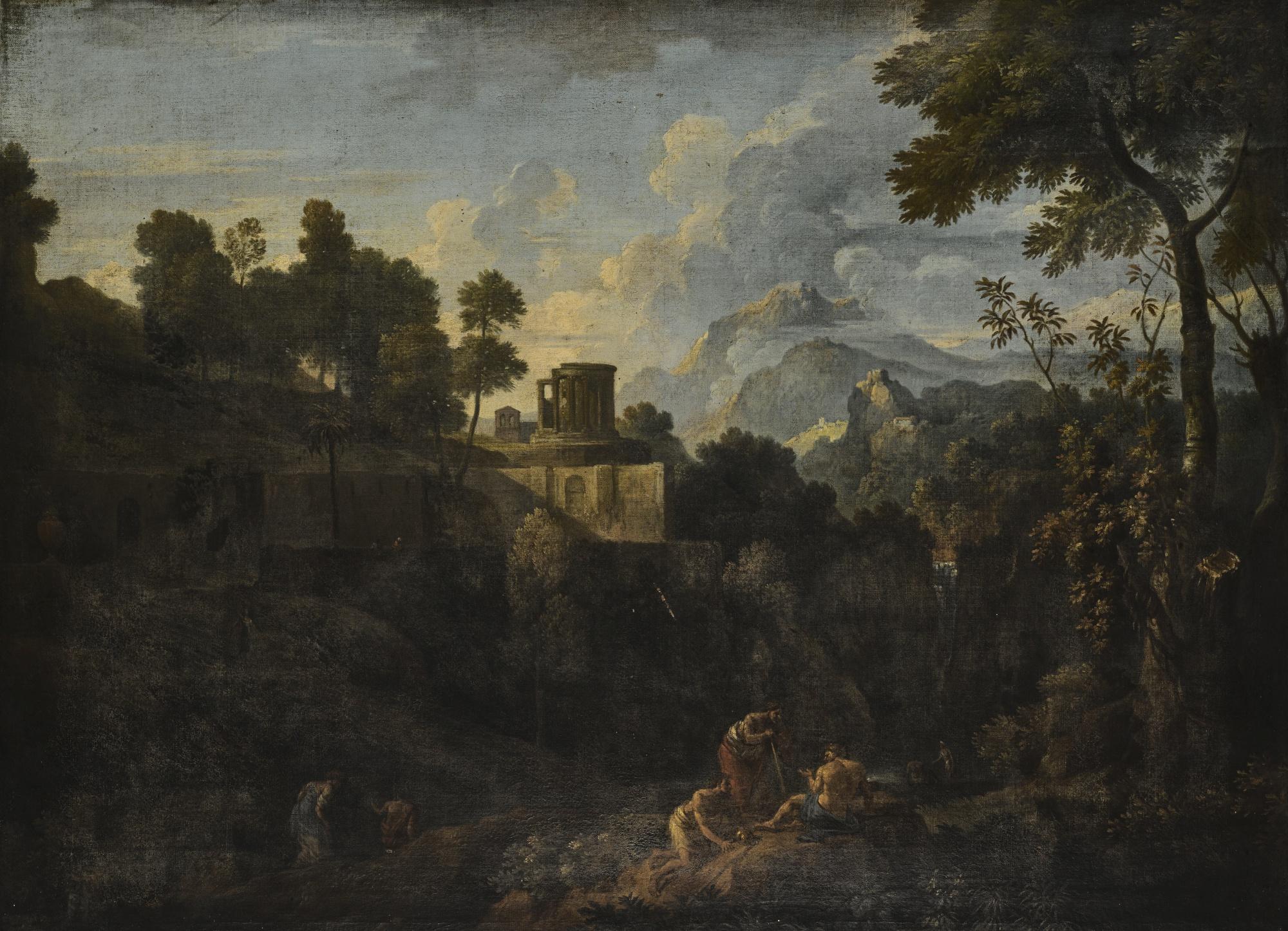 Jan Frans van Bloemen - Landscape With The Temple Of Vesta, Tivoli, With Figures Resting On The Bank Of The River