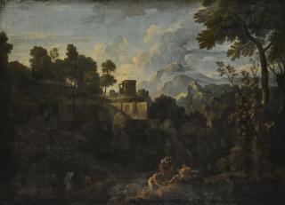 Jan Frans van Bloemen - Landscape With The Temple Of Vesta, Tivoli, With Figures Resting On The Bank Of The River