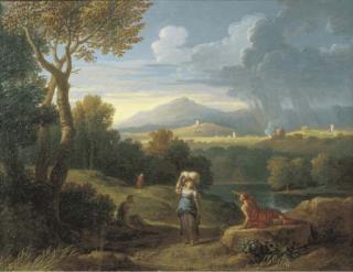 Jan Frans Van Bloemen - Paesaggio laziale con astanti in primo piano nei pressi di un fiume