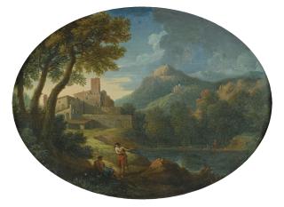 Jan Frans Van Bloemen - Personnages Au Bord D\'Un Lacjan Frans Van Bloemen, Called L\'Orizzonte ; Figures Resting By A Lake ; Oil On Oval Copper