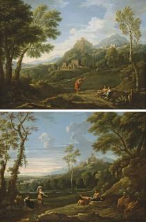 Jan Frans Van Bloemen - Trois personnages dans un paysage classique montagneux dominé par un village fortifié sur une colline ; et Paysage classique montagneux avec des paysans au repos