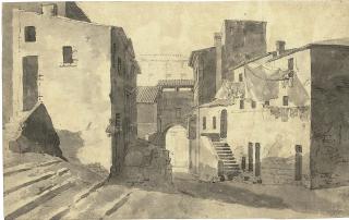 Jan-Frans van Bloemen - View of a street in Rome (recto); Study of a monastery (verso)