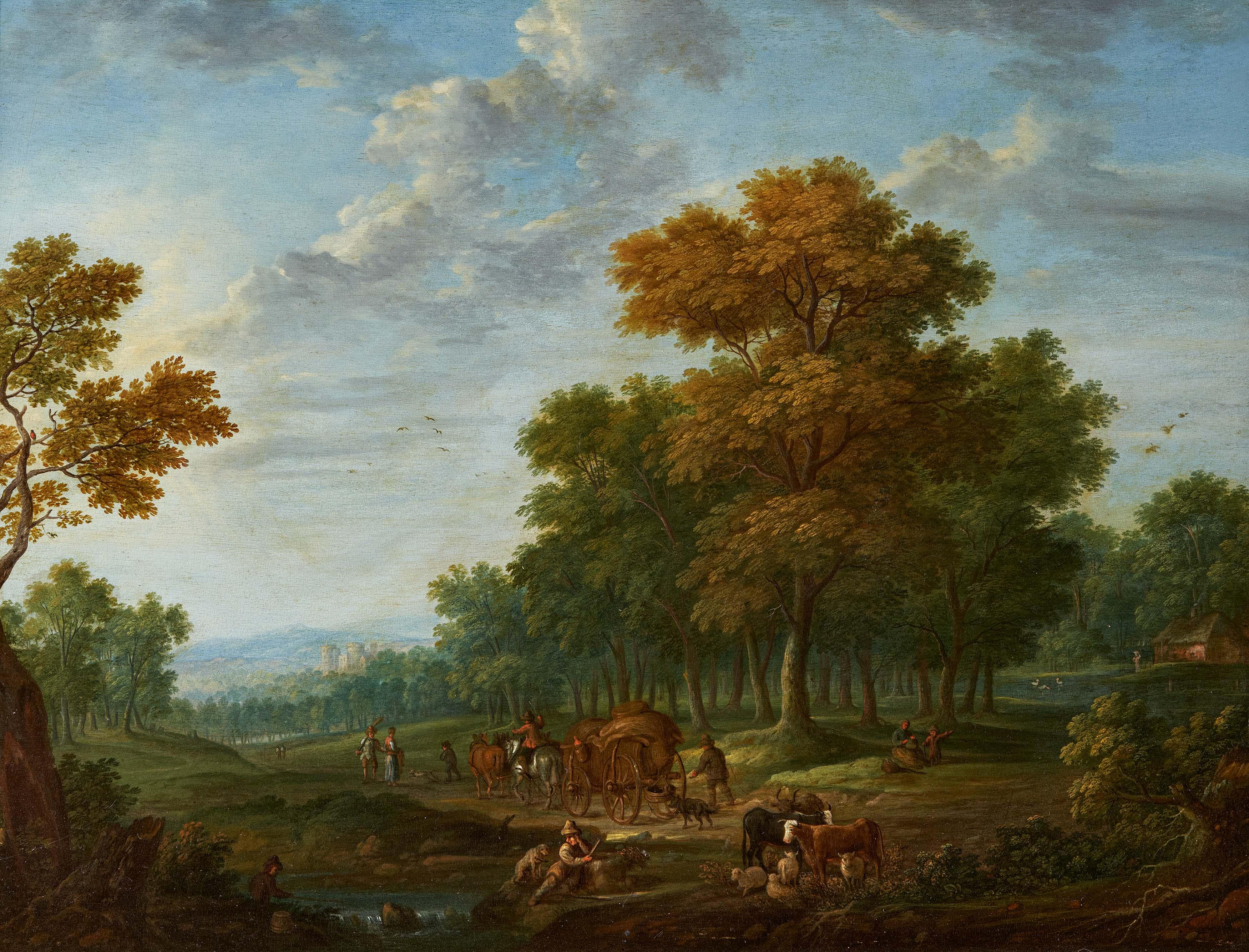 Jan Frans van Bredael - Weite bewaldete Landschaft mit Reisenden