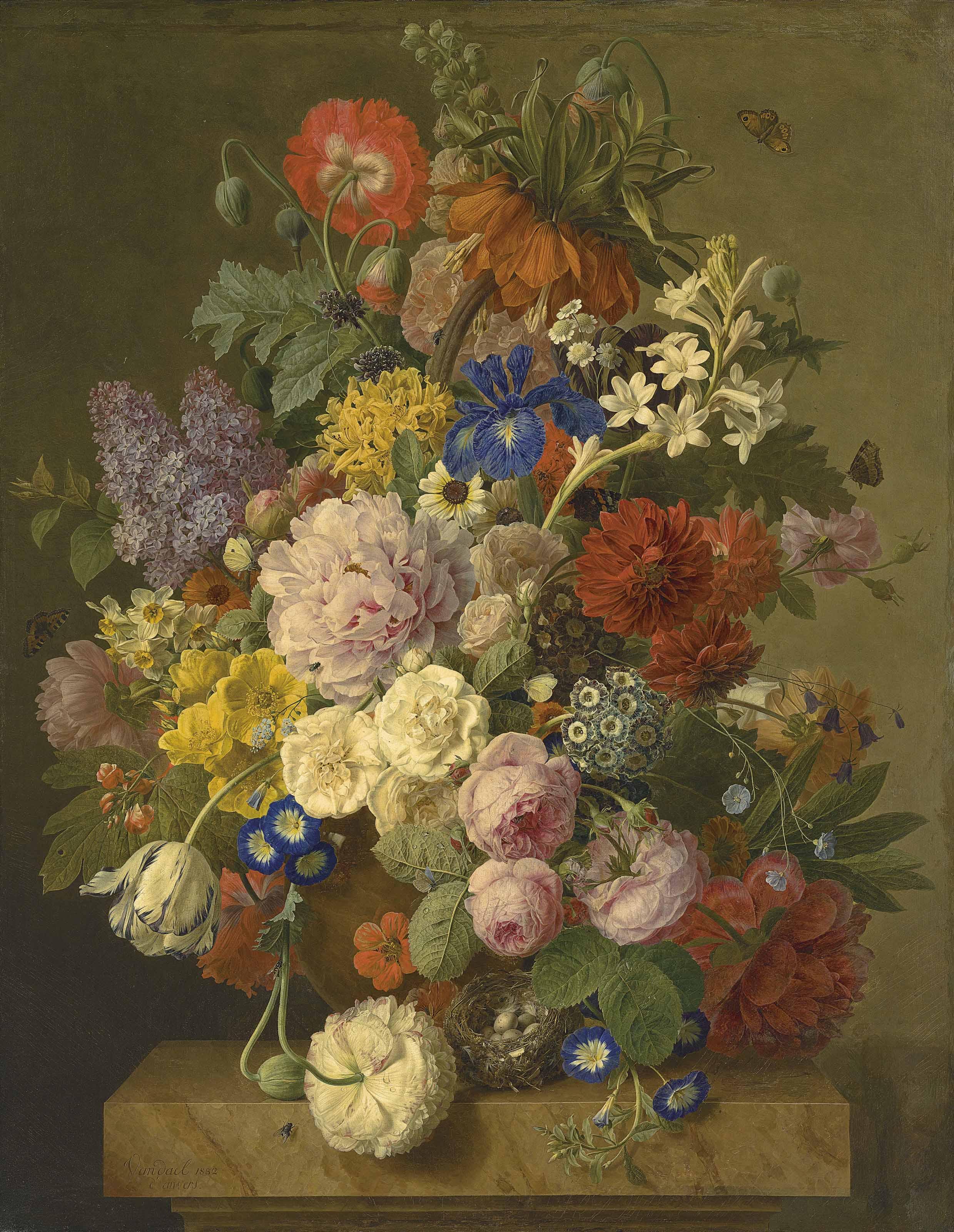 Jan Frans Van Dael - A Crown Imperial, roses, hyacinths, an iris and other flowers in a terracotta vase with a bird\'s nest on a plinth