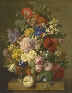Jan Frans Van Dael - A Crown Imperial, roses, hyacinths, an iris and other flowers in a terracotta vase with a bird\'s nest on a plinth