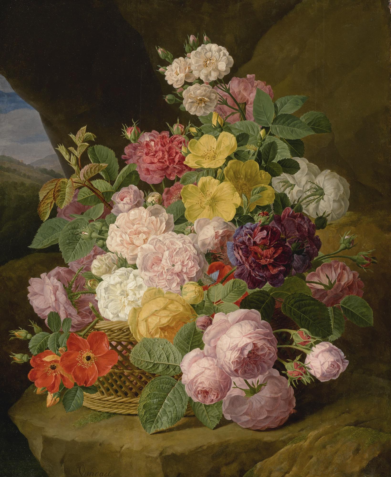 Jan Frans Van Dael - A Still Life Of Roses, Peonies, And Other Flowers On A Ledge