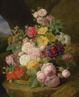 Jan Frans Van Dael - A Still Life Of Roses, Peonies, And Other Flowers On A Ledge