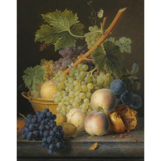 Jan Frans Van Dael - A Still Life With Grapes And Peaches In A Basket, An Open Pomegranate, Plums, Black Grapes And More Peaches, All On A Marble Ledge
