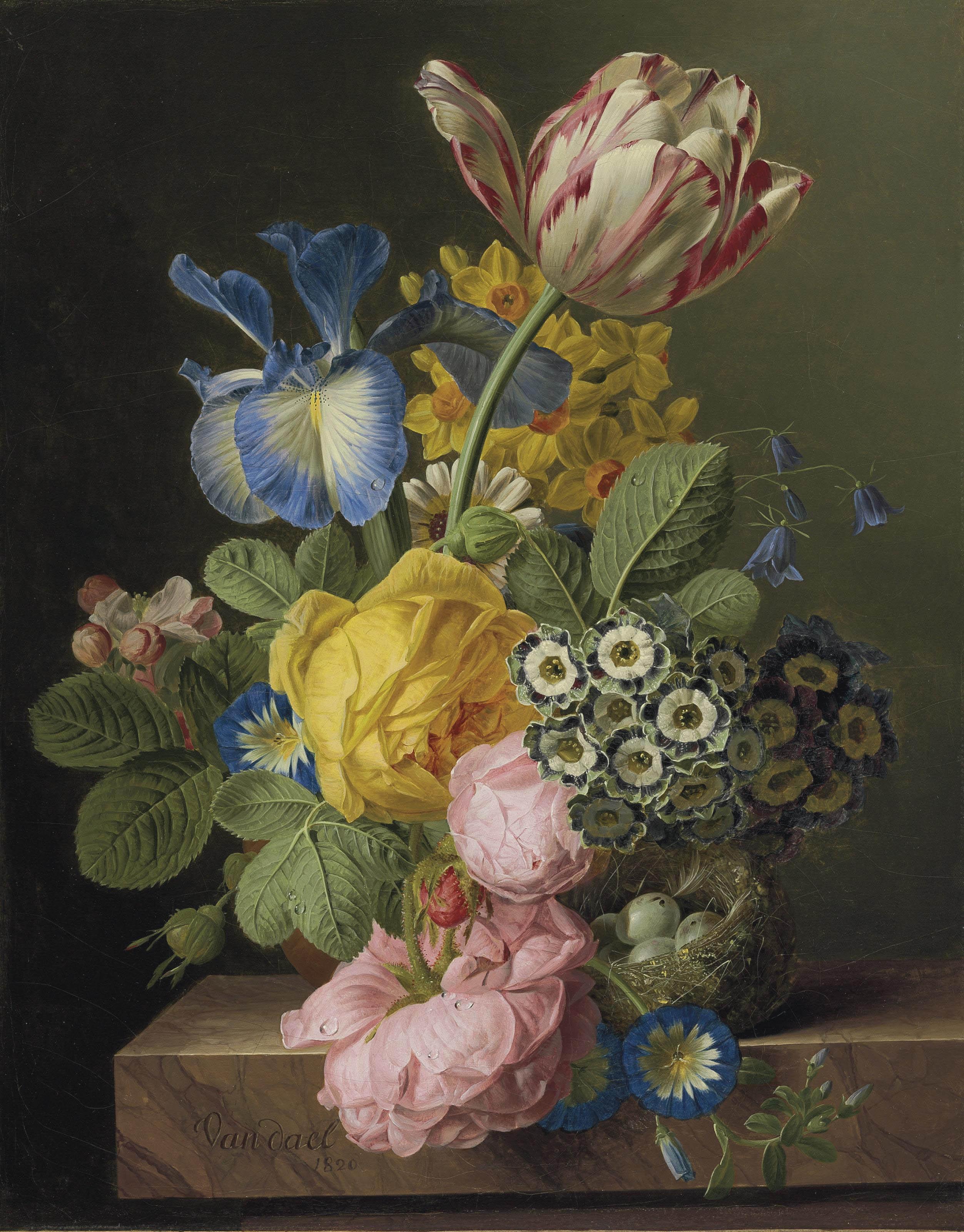 Jan Frans van Dael - A vase of flowers with a bird\'s nest on a marble ledge