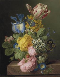 Jan Frans van Dael - A vase of flowers with a bird\'s nest on a marble ledge