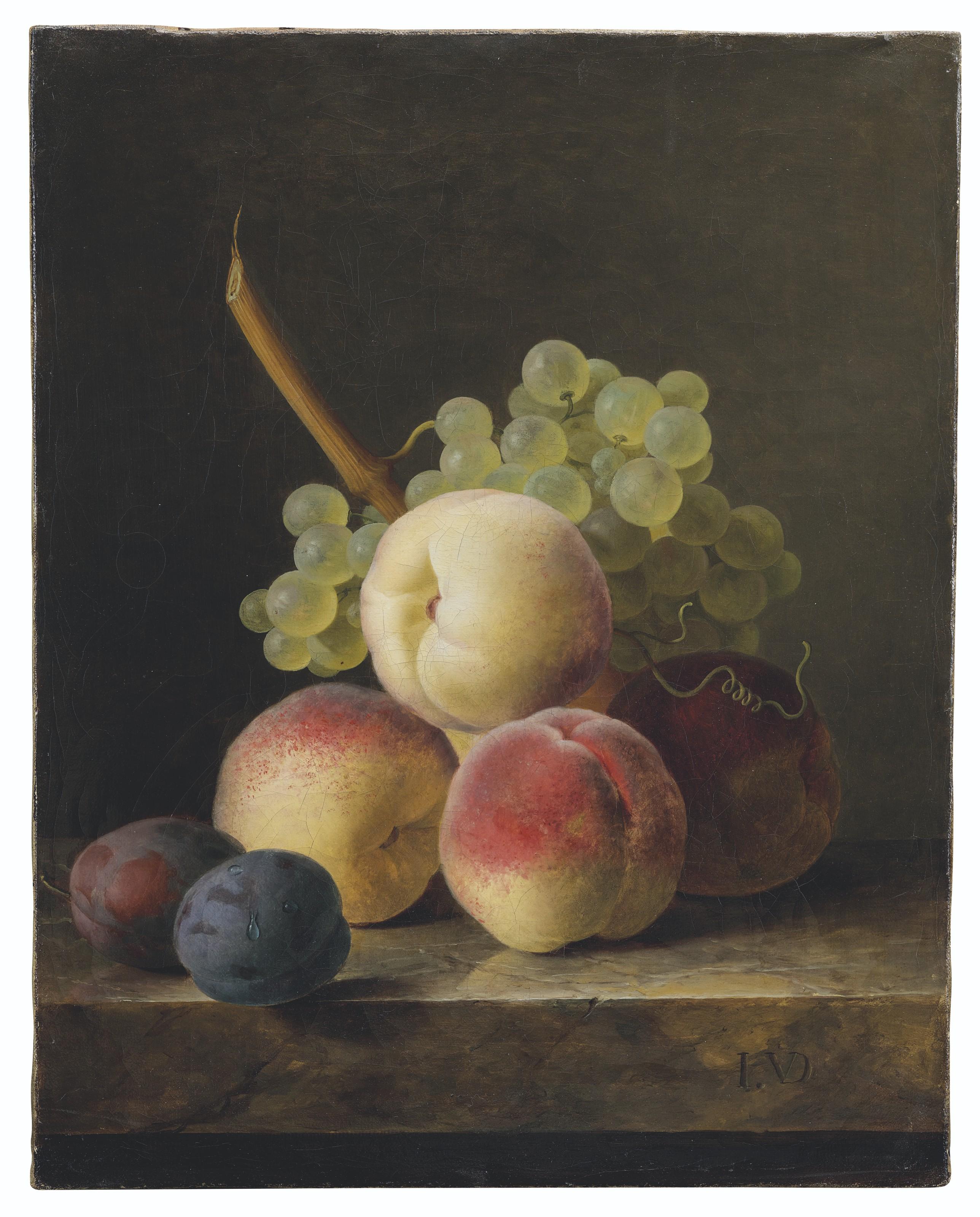 Jan Frans Van Dael - Nature morte aux pêches, raisins et quetsches sur un entablement