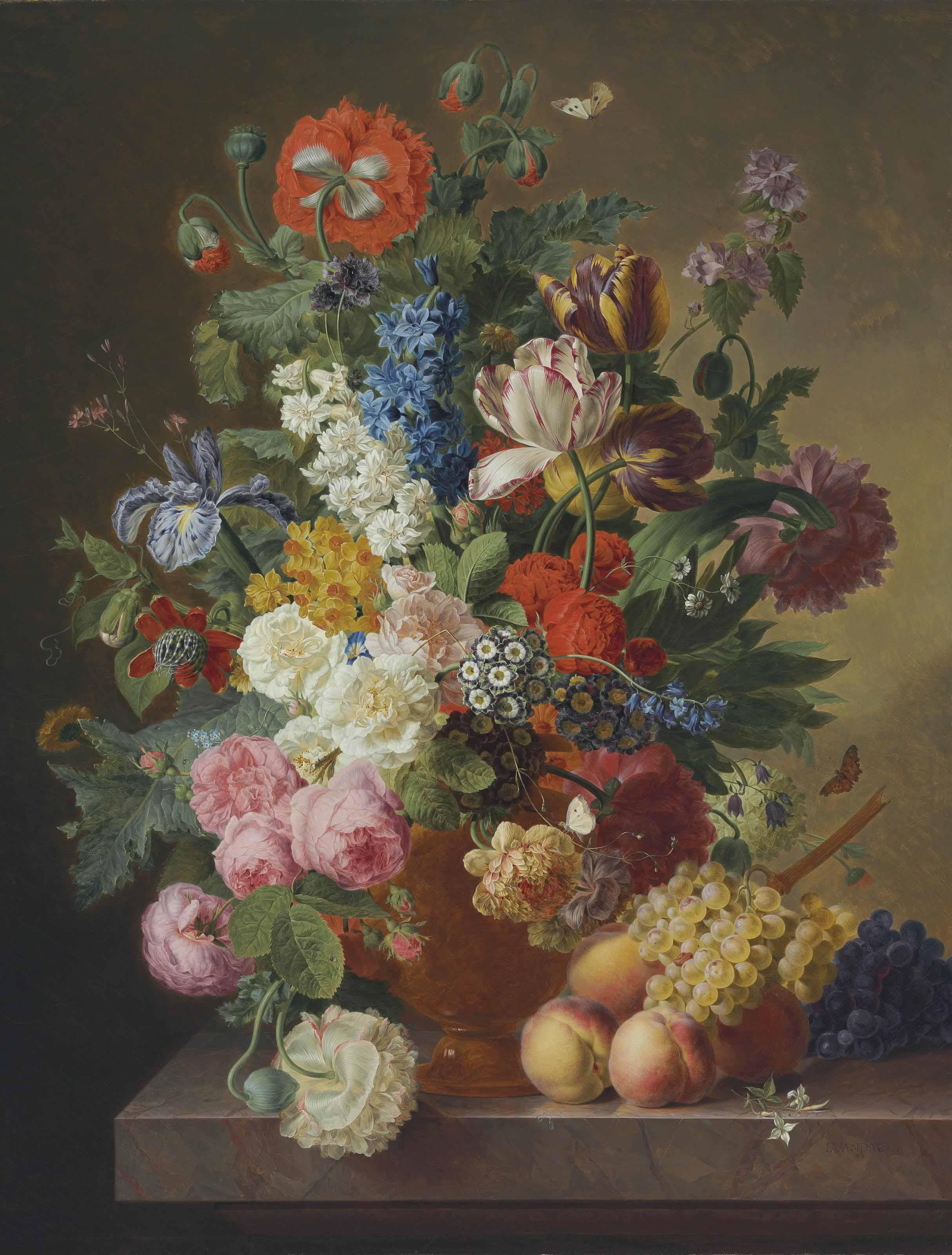 Jan Frans Van Dael - Peonies, roses, tulips, an iris and other flowers in an alabaster vase on a stone ledge with fruit