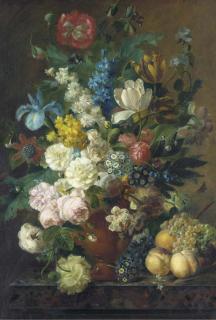 Jan Frans van Dael - Roses, Dahlias, Tulips, Sweet William, Iris, and other flowers in a Terracotta Vase on a Ledge with Peaches, Grapes and Plums