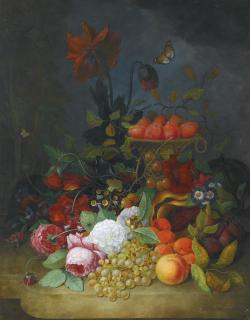 Jan Frans Van Dael - Still Life Of Roses And Other Flowers, With Plums In A Tall Basket, Grapes, Apricots And Gooseberries All Upon A White Marble Ledge, Two Butterflies Fluttering