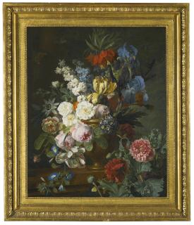 Jan Frans Van Dael - Still Life With Fritillaria Imperialis, Roses And Tulips In A Stone Vase, On A Red Marble Ledge