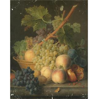 Jan Frans van Dael - Still Life With Grapes And Peaches In A Basket, An Open Pomegranate, Plums, Black Grapes And More Peaches On The Marble Ledge Beneath