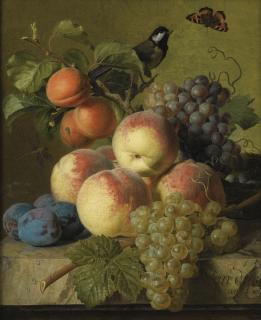 Jan Frans Van Dael - Stll Life Of Peaches, Grapes And Plums On A Stone Ledge With A Bird And Butterfly
