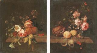 Jan Frans van Son - A rose, a tulip, oranges, cherries, and blackberry blossom on a stone ledge; and Peaches, roses, a marrow, grapes, an orange on the branch, cherries and hazelnuts on a stone ledge