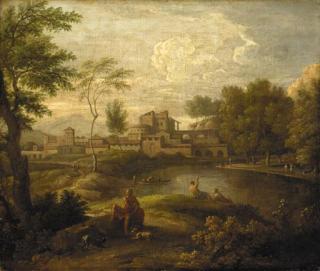 Jan Frans van - An Italianate landscape with figures by a lake and a town beyond