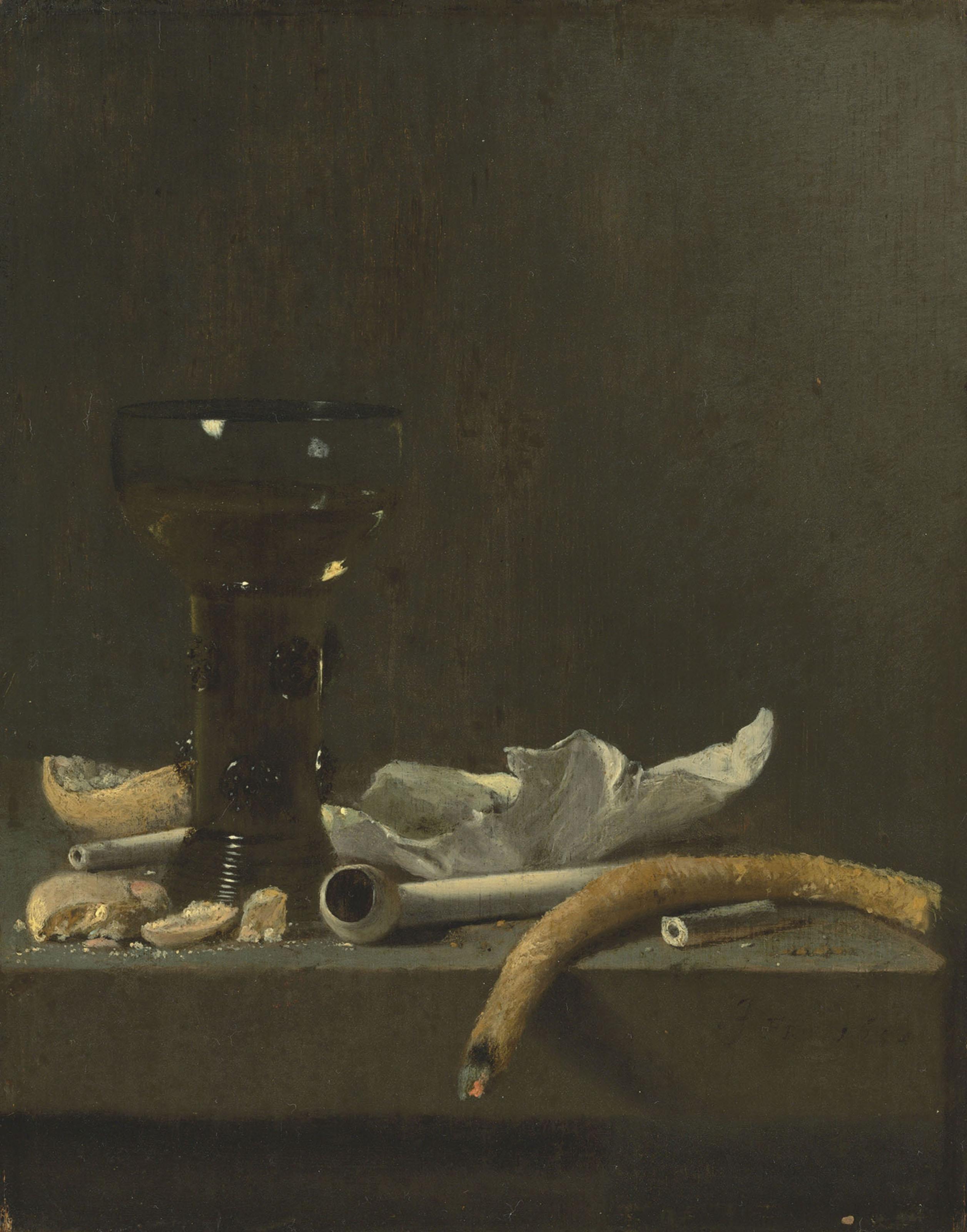 Jan Fris - A roemer, clay pipe and a lit taper on a ledge