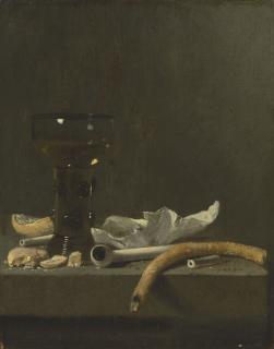 Jan Fris - A roemer, clay pipe and a lit taper on a ledge