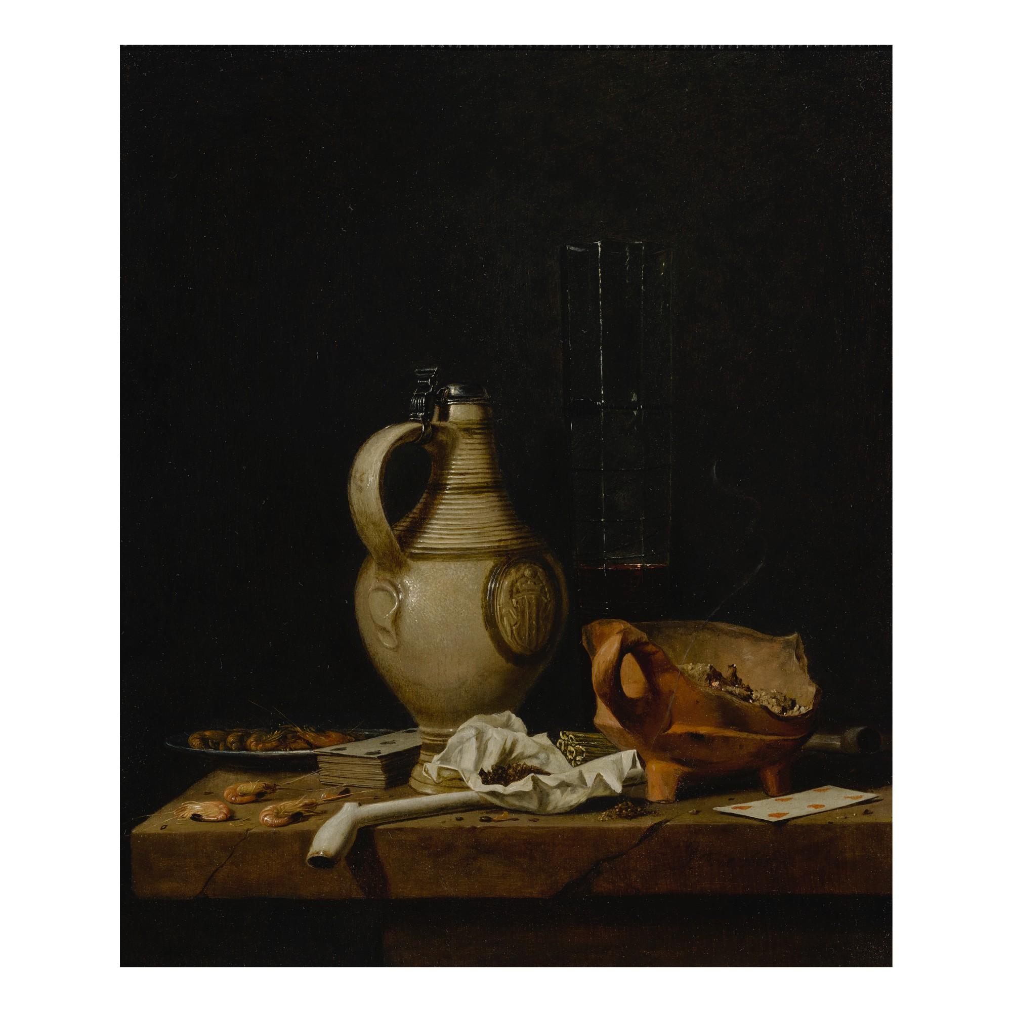 Jan Fris - A still life with a stoneware jug, a glass of beer, playing cards and smokers’ requisites