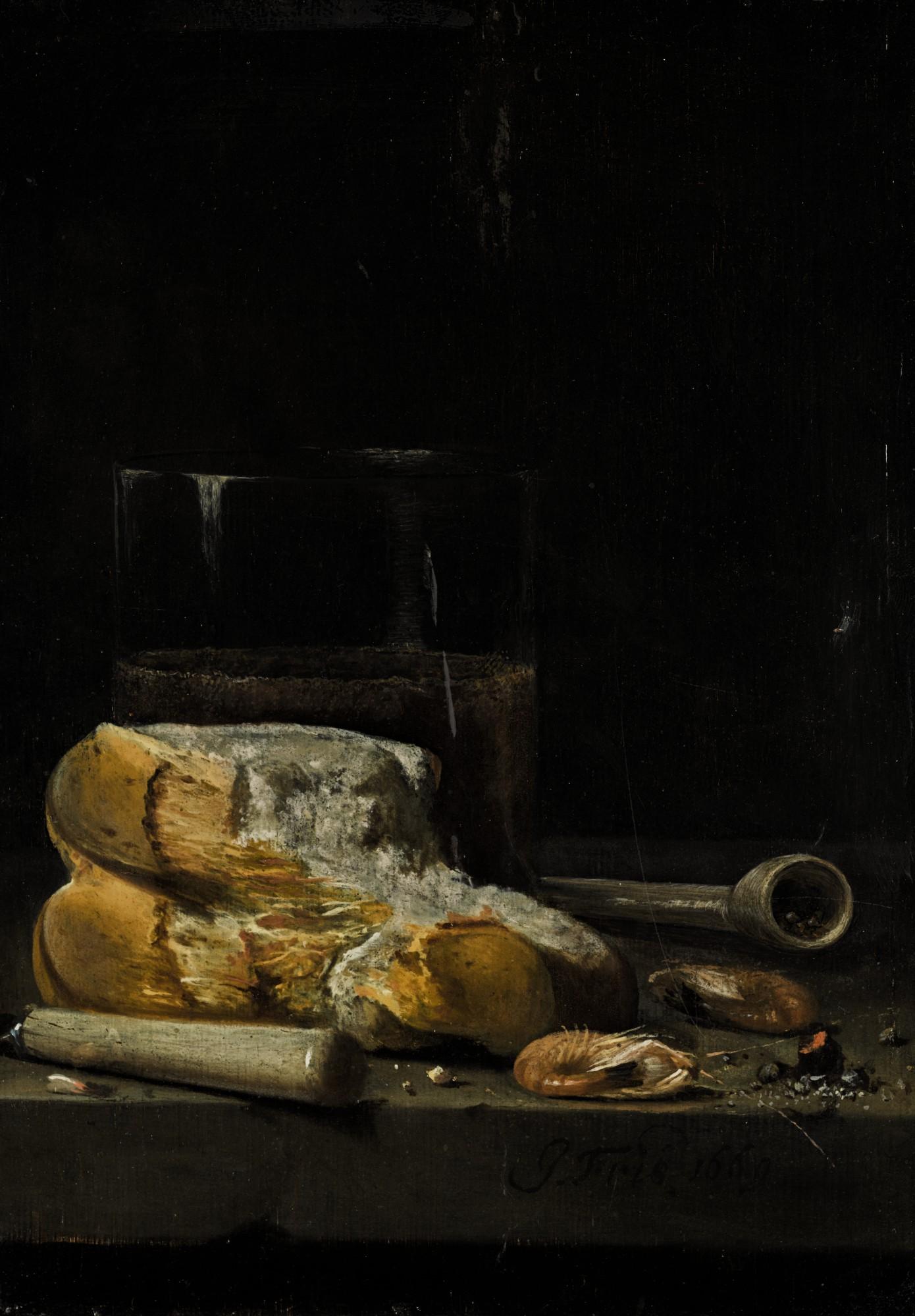 Jan Fris - Still Life Of Bread, Prawns, A Pipe And A Glass Of Beer Arranged On A Table