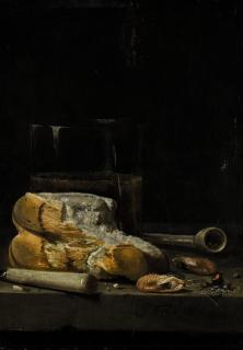 Jan Fris - Still Life Of Bread, Prawns, A Pipe And A Glass Of Beer Arranged On A Table