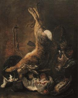 Jan Fyt - A hare, pigeons and other game with a cat