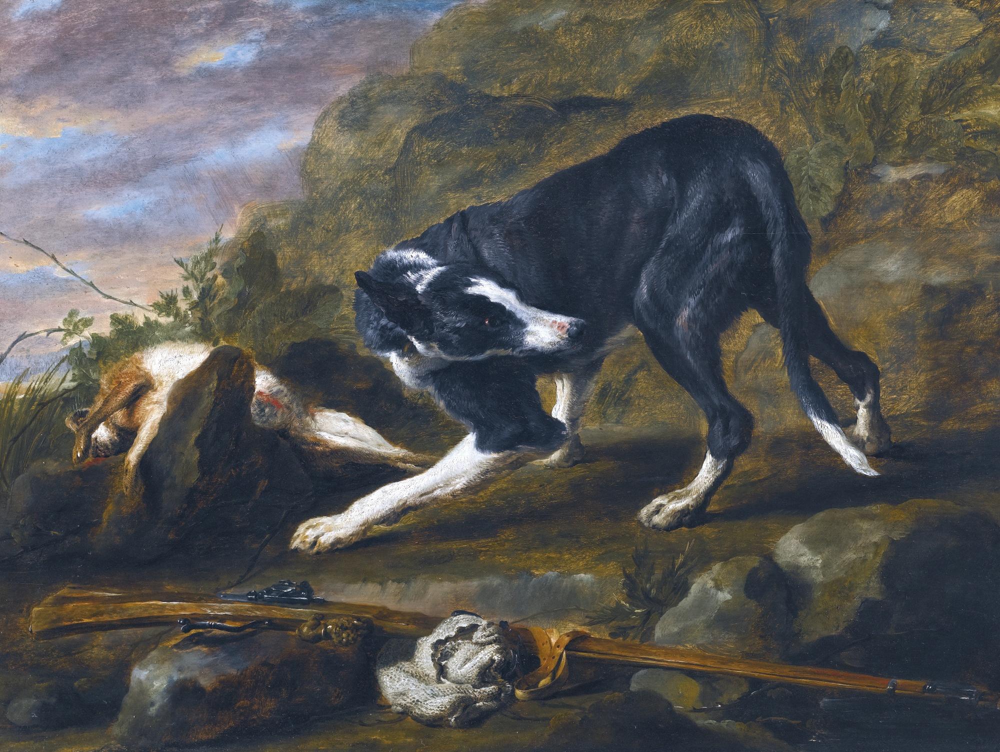 Jan Fyt - A Hound With A Rabbit And A Musket In A Landscape