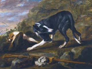 Jan Fyt - A Hound With A Rabbit And A Musket In A Landscape
