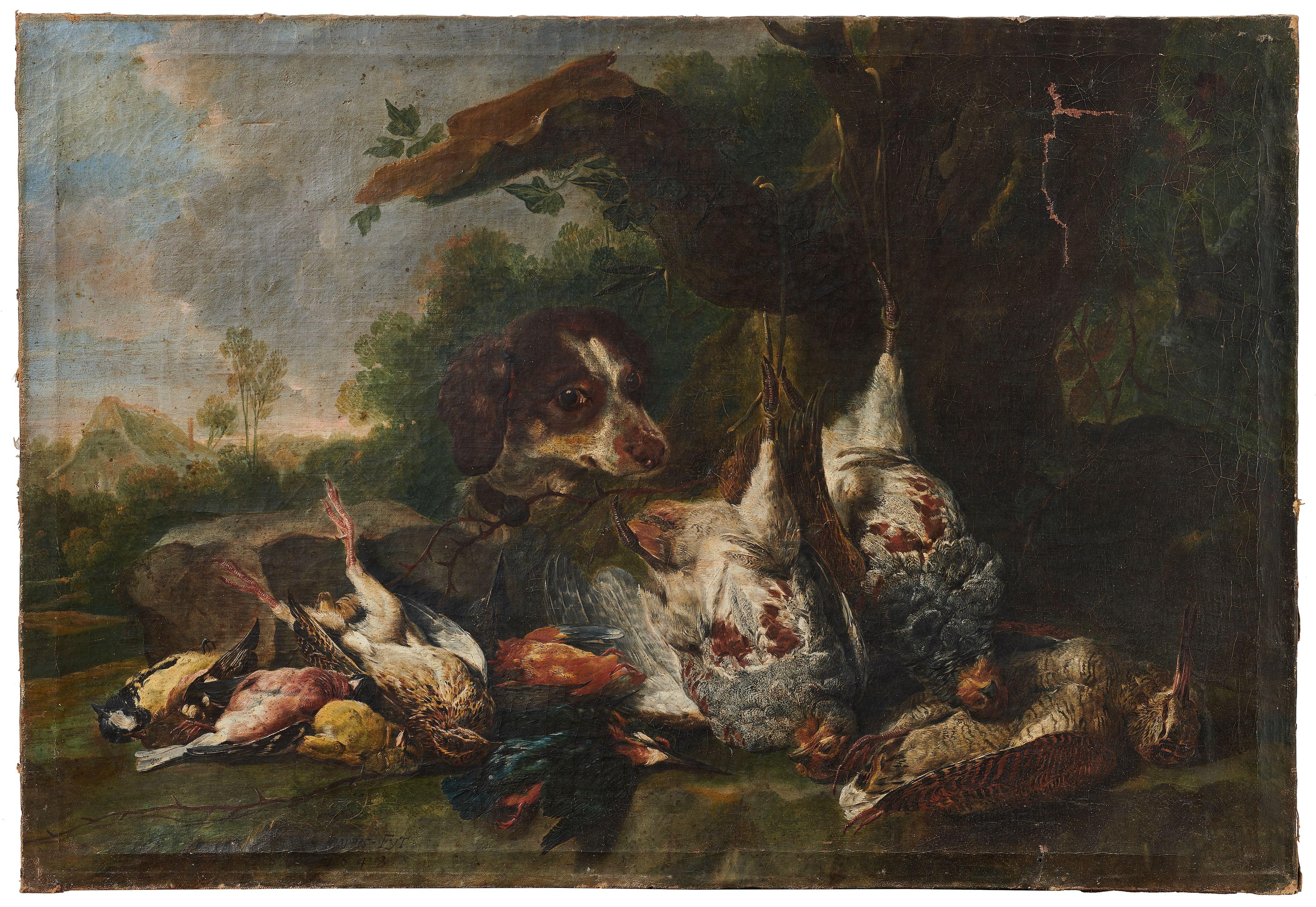 Jan Fyt - A hunting dog with dead birds at the foot of a tree