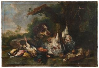 Jan Fyt - A hunting dog with dead birds at the foot of a tree