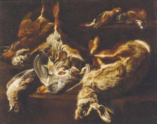 Jan Fyt - A hunting still life with a hare, partridges, a jay, and other birds on a ledge
