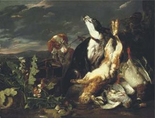 Jan Fyt - A hunting still-life with a partridge, a mallard, a hare and a spaniel and another dog in a landscape beyond